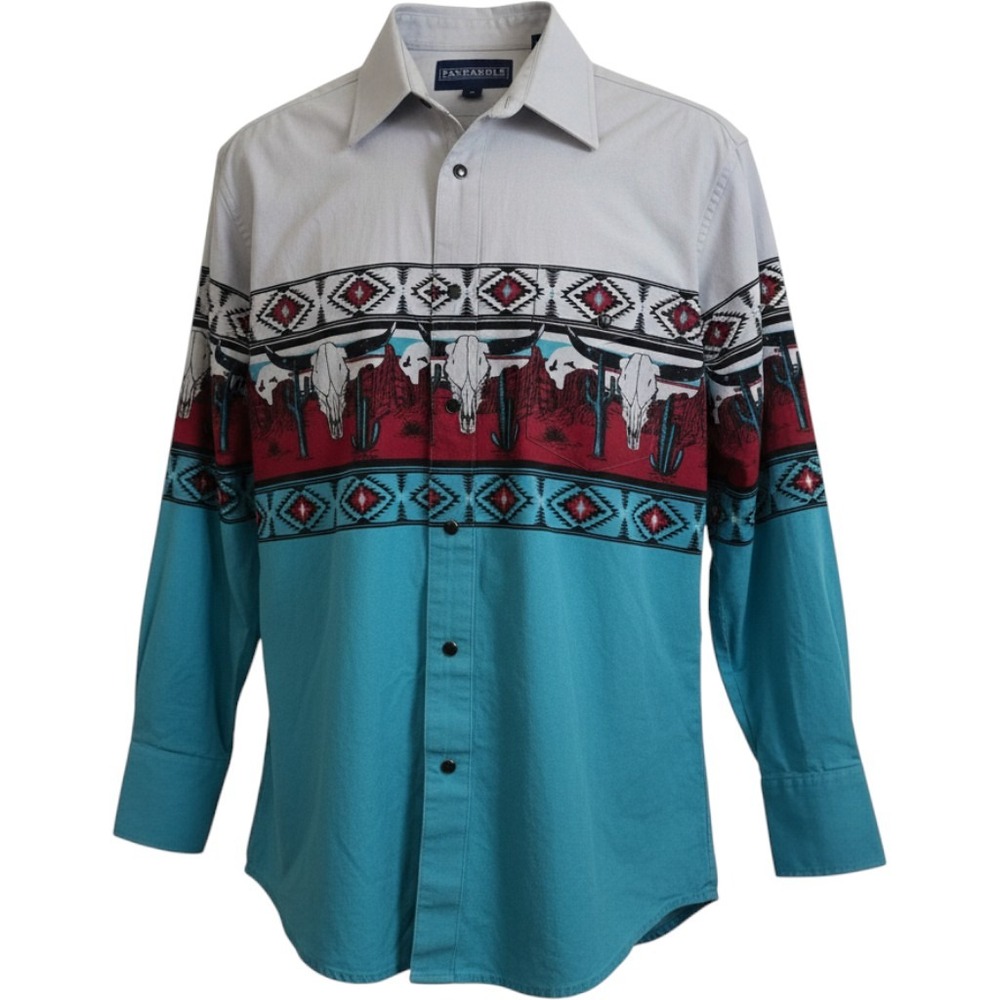 Panhandle Western Snap Shirt Mens Small Turquoise Grey Skull Southwest Rodeo